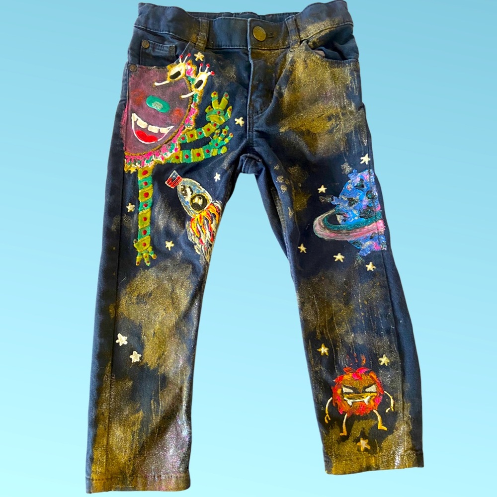 Hand painted “SpaceFun” NextLifeTime slim pants 2-3 T